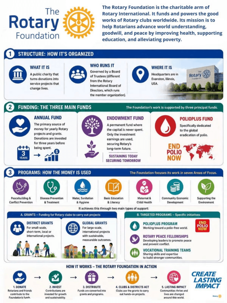 May show: Infographic explaining Rotary Foundation’s structure, main funding streams, program spending, and global impact areas; includes icons, flowcharts, and brief descriptive text.